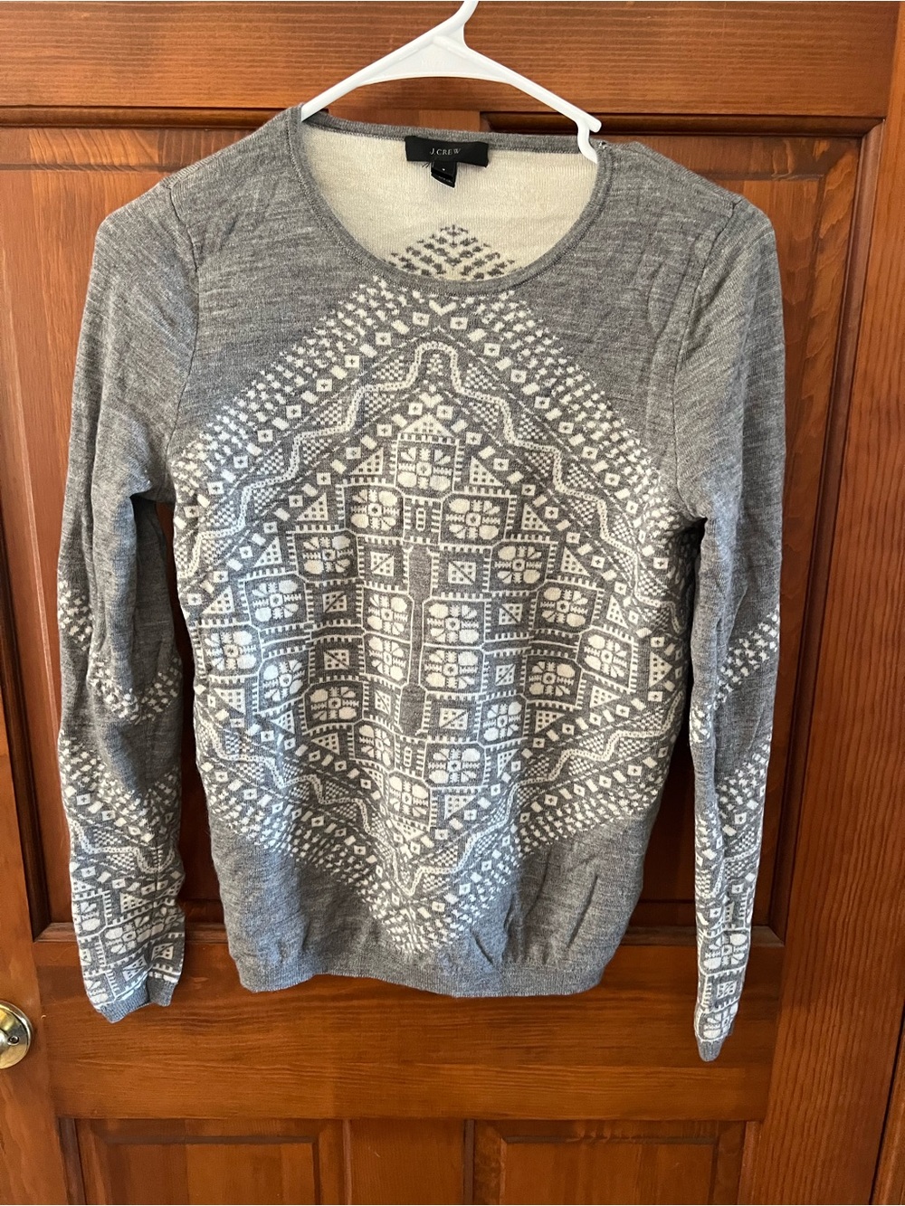 J. Crew Gray and White Geometric Crewneck Sweater